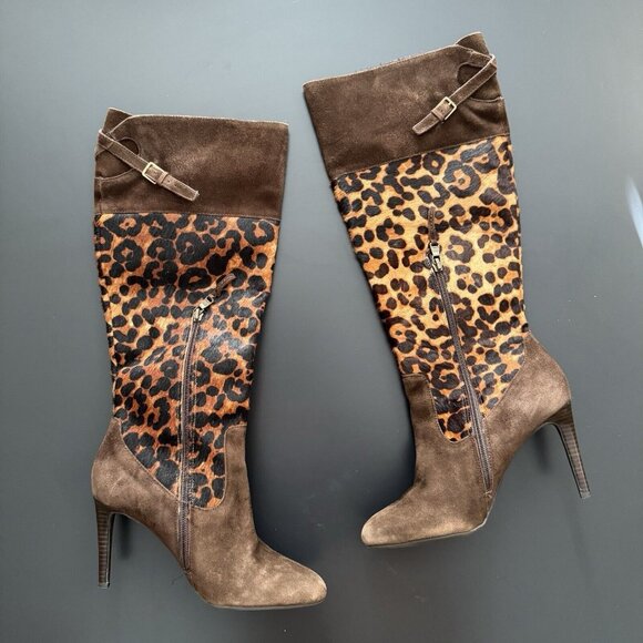 RALPH LAUREN Halina Brown Suede Leather Animal Hair Calf High Boots Heels Size 8 - Picture 3 of 14